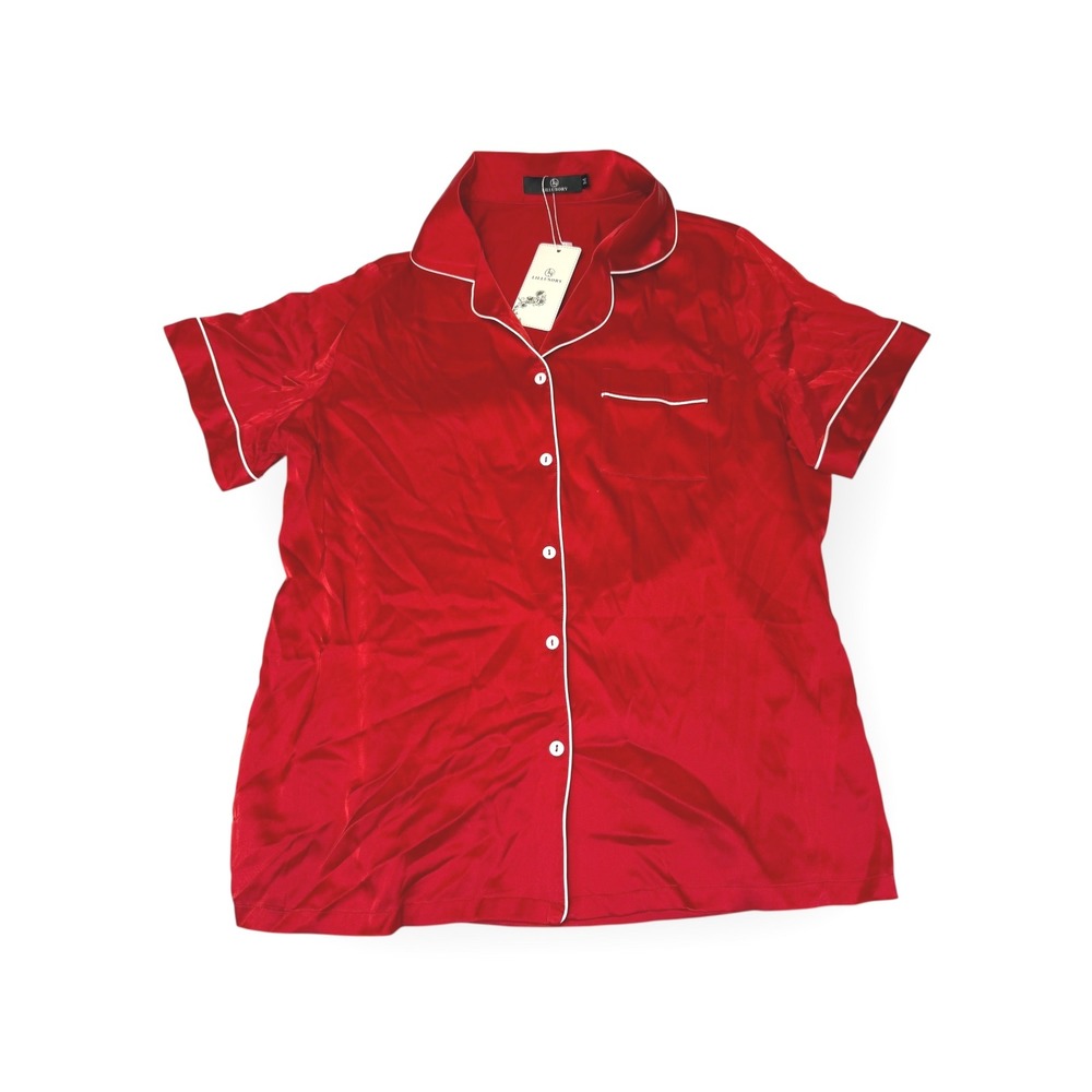 NWT LILLUSORY Red‎ Satin Pajama Shirt with White Piping and Pocket Size M